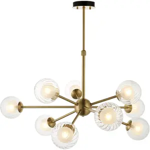 Multi Arm Hanging Ceiling Pendant Light - Satin Brass Plate & Clear/Frosted Glass Shade - 9 x 3W LED G9