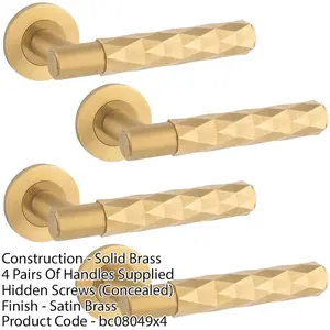 4 PACK - PAIR Diamond Lever on Round Rose Door Handle - Satin Brass Concealed Screw