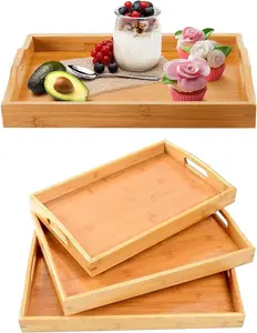 MantraRaj Bamboo Serving Trays Set of 3 Wooden Platters Breakfast Serving Tray Wooden Food Trays With Handle