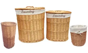 Oval Wicker Laundry Basket With Lid & Removable Cotton Lining Pine with White cloth,Large 37x50x55 cm