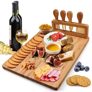 Bamboo Cheese Board Set Charcuterie Platter Serving Meat Board Including 4 Stainless Steel Knife And Serving Utensils For Christmas Wedding Birthday Anniversary