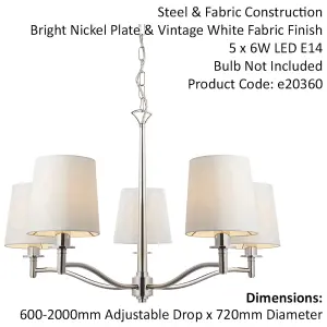 Bright Nickel 5 Light Ceiling Pendant Fitting & Vintage White Fabric Shades