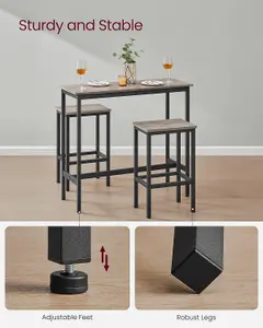 VASAGLE Breakfast Bar Table Set with 2 Stools, Dining Table Set, Steel Frame, Heather Greige and Ink Black