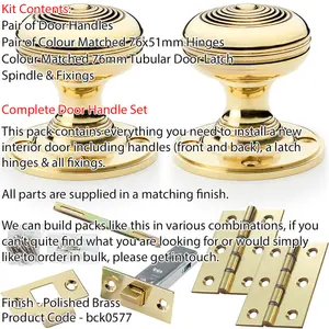 Mortice Door Knob & Latch Pack - Polished Brass - 50mm Smooth Ringed On Round Rose