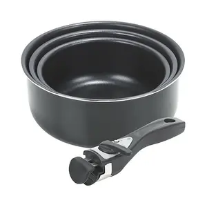 URBN-CHEF 3pcs Black Ceramic Induction Saucepan Set Stackable Detachable Handle Pots Pan