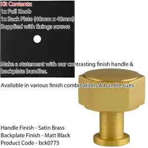 Cabinet Door Knob & Contrasting Backplate Set - Hex Kitchen Pull - Satin Brass & Matt Black