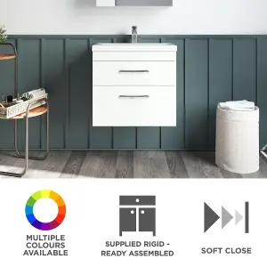 Rio 2 Drawer Wall Hung Vanity Basin Unit - 600mm - Gloss White with Square Black D Handles (Tap Not Included) - Balterley