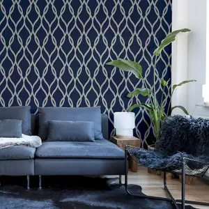 Arthouse Sequin Trellis Navy Silver Glitter Metallic Effect Wallpaper Modern Feature Wall Wallpaper - 921804