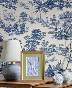 Galerie Cottage Chic Blue Toile EcoDeco Material Wallpaper Roll