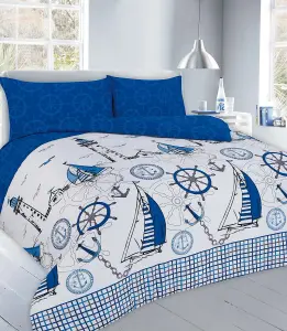 Sailboats Nautical Duvet Cover Set Fully Reversible Bedding Blue - Double