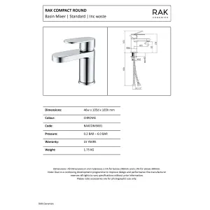 Black Compact Cold Start Eco Round Mono Basin Mixer Tap + Clicker Waste WRAS