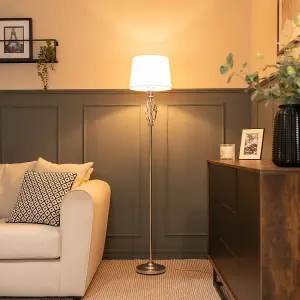 ValueLights Memphis Traditional Silver Chrome Twist Floor Lamp with Fabric Lampshade