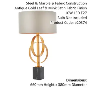 2 PACK Antique Gold Table Lamp & Mink Satin Shade - Black Marble Base Desk Light