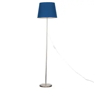 ValueLights Modern Floor Lamp In Brushed Chrome Metal Finish With Navy Blue Shade