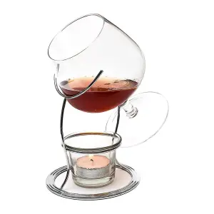 SET OF 2 Brandy & Cognac Snifter Warmer Glasses Chrome Stand, Tealight Holder Gift Set