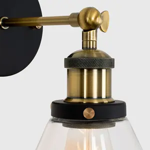 ValueLights Norton Pair of Industrial Black and Gold Wall Light Fittings with Clear Glass Light Shades