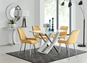 Furniturebox UK Mayfair 4 White High Gloss And Stainless Steel Dining Table And 4 Mustard Pesaro Silver Leg Chairs