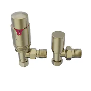 Rinse Bathrooms Thermostatic Radiator Valve 15mm Angled Radiator TRV + Lockshield for Heated Towel Rail Radiator Brushed Brass