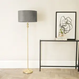 ValueLights Maggie Gold Candlestick Floor Lamp with Grey Velvet Lamp Shade and LED Bulb