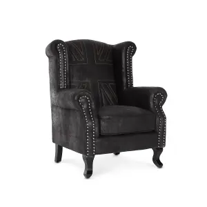 Faux Leather Suede Effect Britannia Wing Back Chair with Union Jack Flag Black