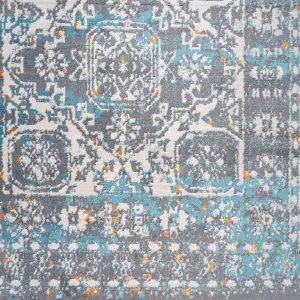 Grey Blue Traditional Medallion Bordered Area Rug 80x150cm