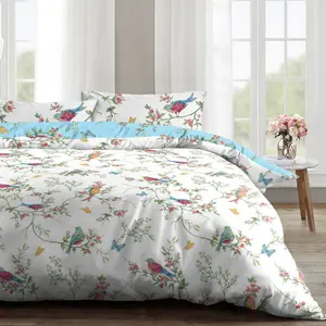 Rasheema Duvet Set Duck Egg/White / Delicate Birds Floral / Super King - 3 Standard Pillowcases