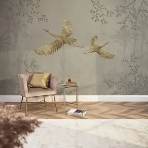 Oriental Cranes Mural In Stone With Gold Effect (300cm x 240cm)