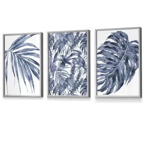 Set of 3 Tropical Plants and Pattern Navy Blue Abstract Wall Art Prints / 30x42cm (A3) / Light Grey Frame