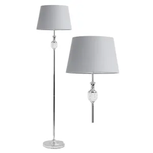 First Choice Lighting Pair of Polished Chrome with Moulded Glass Detail Floor Lamp with Grey Shades