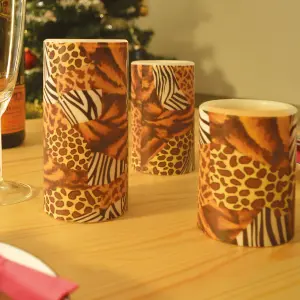 3 x Animal Print Real Wax LED Pillar Candles - Battery Powered Flickering Light Home Decoration - 1 of Each 10, 12 & 15cm