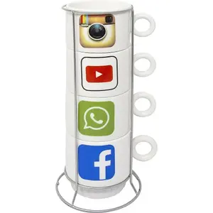 Pack Of 4 Social Media Mugs With Holder Stand Tea Coffee Drinking Hot Drinks