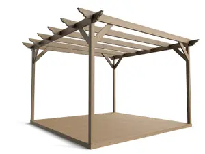 Timber Pergola and Decking Complete DIY Kit, Dinasty design (4.2m x 4.2m, Rustic brown finish)