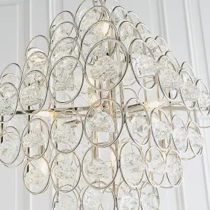 Polished Nickel Tiered Ceiling Pendant Light - Ornate Crystal Details - 14 Bulb