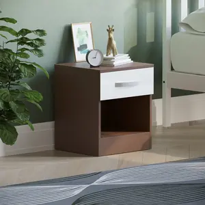 Arkadij High Gloss 1 Drawer Manufactured Wood Bedside Table, Modern Bedroom Cabinet White/Walnut