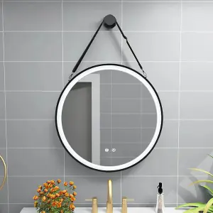 Round Metal LED Mirror with Hanging Strap Dia 600mm