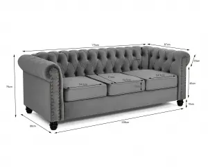 Chesterfield Stud Velvet Fabric 3 Seater Sofa, Grey