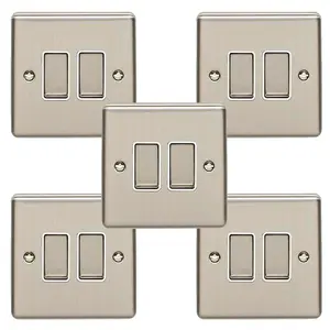 5 PACK 2 Gang Double Metal Light Switch SATIN STEEL 2 Way 10A White Trim