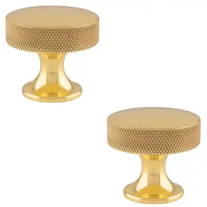 2 PACK - Knurled Flared Stem Cabinet Door Knob - 38mm Polished Brass Cupboard Pull Handle