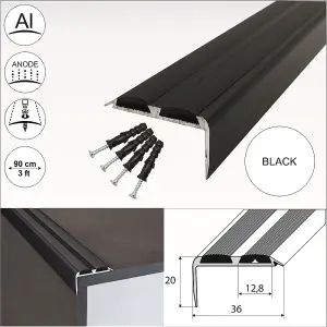 A37 36 x 20mm Anodised Aluminium Non Slip Rubber Stair Nosing Edge Trim With Inserts - Black With Black Rubber, 0.9m