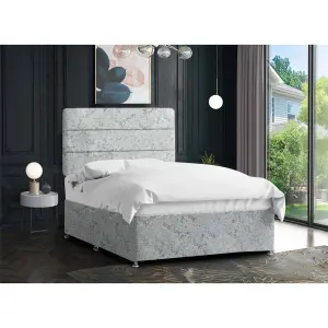 Harmony Divan Bed Set with Tall Headboard and Mattress - Crushed Fabric, Silver Color, 2 Drawers Right Side