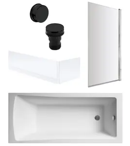 Square Single Ended Bath, Square Screen, Panels and Black Waste - 1700 x 700mm