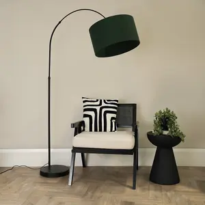 ValueLights Louis Black Arched Curved Floor Lamp with Forest Green Fabric Drum Lamp Shade and LED Bulb