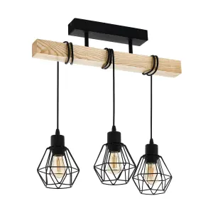 EGLO Townshend 5 Black/Natural Wood 3-Light Ceiling Pendant, Semi-Flush Industrial Style (L) 55cm