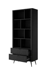 Lante Modern Black Bookcase 880mm H1940mm D380mm with Eight Open Compartments and Two Drawers