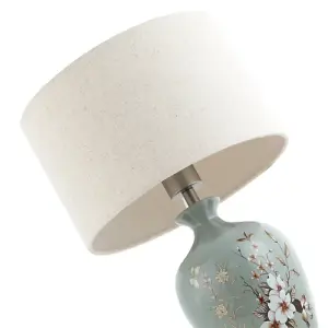 Traditional Ceramic Lamp Base in Dusty Duck Egg with Foliage and Floral Decor