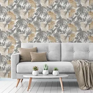 Grandeco Wild Palm Grey & Copper Metallic Textured Wallpaper