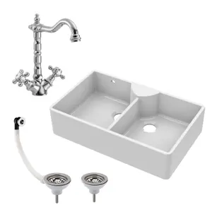 895mm - Double Bowl Fireclay Butler Kitchen Sink - Stepped Weir, Classic Tap & Wastes