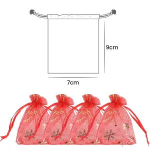 Neel Blue Christmas Gift Bag Red Snowflakes Glitter Organza Bag, 7x9cm - Pack of 100