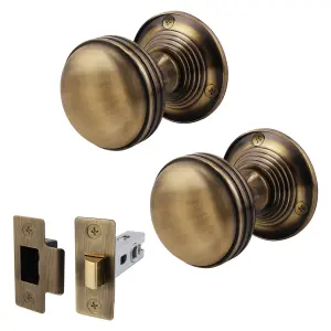 AFIT Lined Door Knob Set Antique Brass - 1 Pair of Mortice Knobs (55mm) & Latch (76mm) for Internal Doors