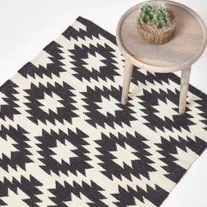 Homescapes Zurich Handwoven Black and White 100% Cotton Geometric Pattern Kilim Rug, 120 x 170 cm